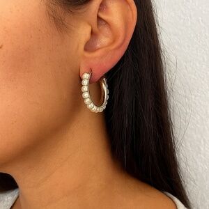 Faux Pearl Hoop Earrings Goldtone 1.5” diameter